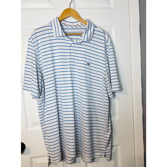 Vineyard Vines Polo Shirt Mens XL White Blue Stripe Performance Stretch Golf - Picture 1 of 6